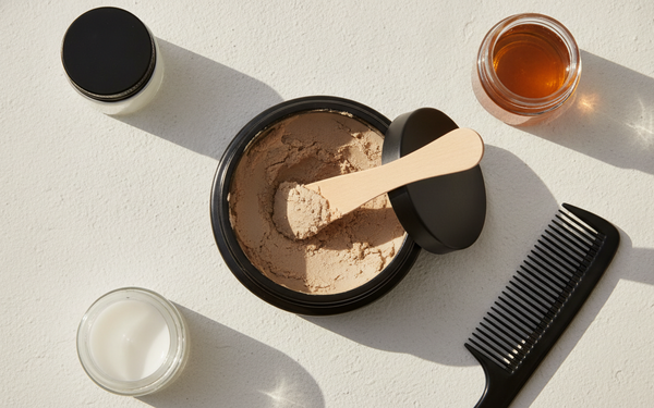 Open pot matte hair clay met houten spatel, kam en ongelabelde grooming-potjes van bovenaf op witte achtergrond