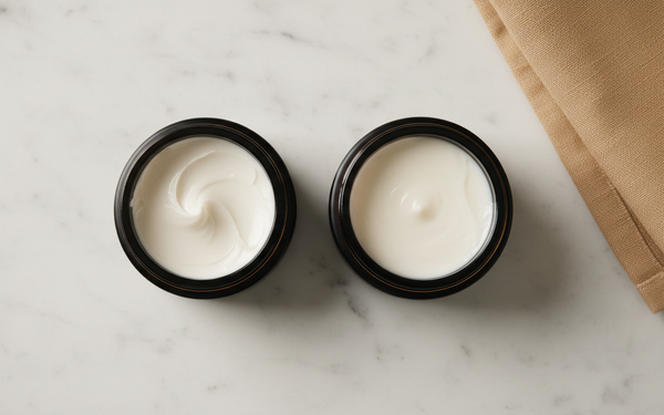 Twee open potjes haarstyling product op wit marmer: paste met textuur links en cream met gladde finish rechts