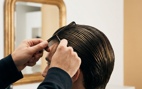 Handen scheppen pomade voor slick back kapsel