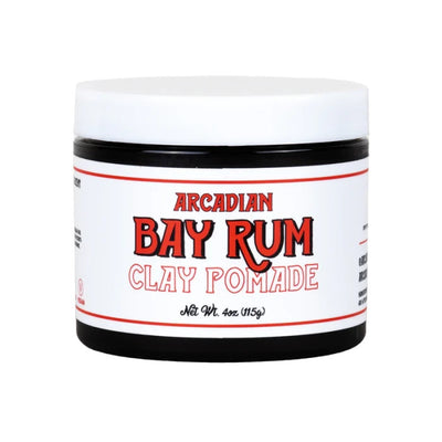 Arcadian Bay Rum Clay Pomade - vooraanzicht witte pot met rood etiket