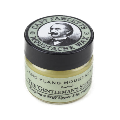 Captain Fawcett's Moustache Wax Ylang Ylang - gesloten potje met groen etiket en snorman-logo