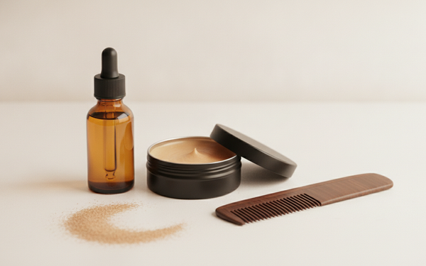 Baardolie in amber druppelflesje naast open blikje baardbalm met houten baardkam op lichte ondergrond