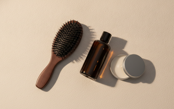 Styling-set voor een bro flow: vent-borstel, grooming tonic en pomade op een zandkleurige achtergrond