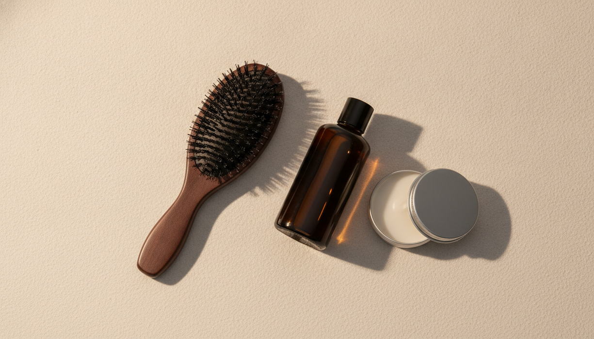 Styling-set voor een bro flow: vent-borstel, grooming tonic en pomade op een zandkleurige achtergrond