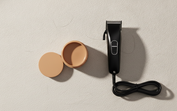 Matte clay en tondeuse op een lichte ondergrond, voor het verzorgen van een buzz cut