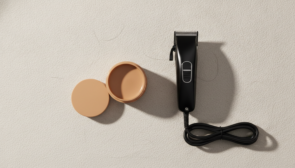 Matte clay en tondeuse op een lichte ondergrond, voor het verzorgen van een buzz cut