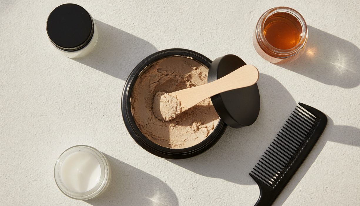 Open pot matte hair clay met houten spatel, kam en ongelabelde grooming-potjes van bovenaf op witte achtergrond