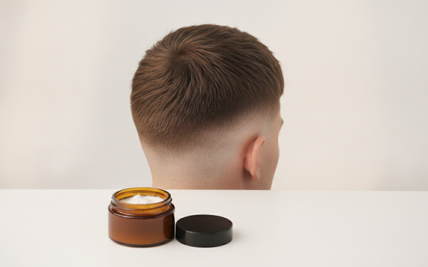 Man met een french crop kapsel van achteren, getapte zijkant en korte textuur bovenop, met een potje matte clay op de voorgrond.