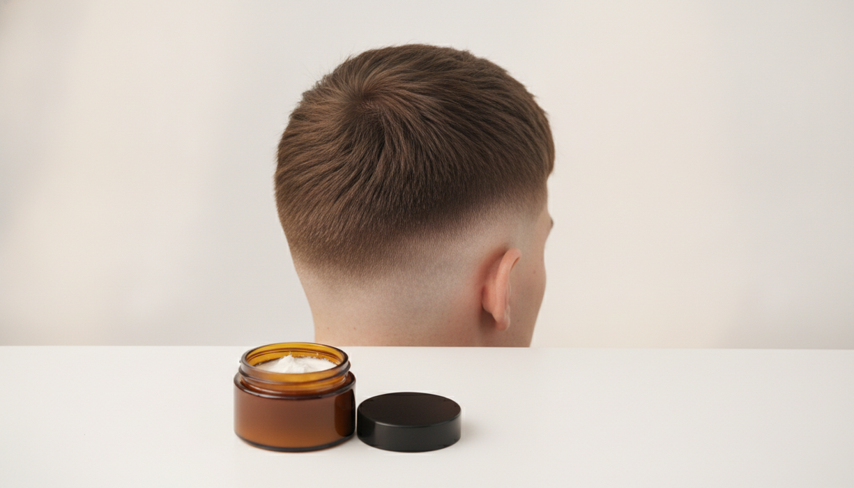Man met een french crop kapsel van achteren, getapte zijkant en korte textuur bovenop, met een potje matte clay op de voorgrond.