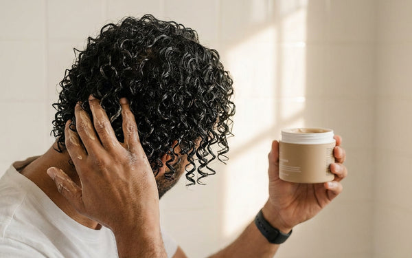 Man stylt krullend haar met product