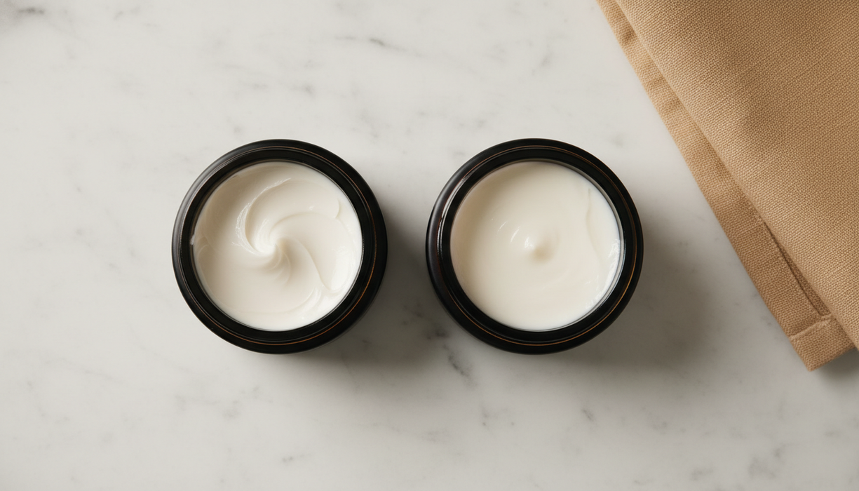 Twee open potjes haarstyling product op wit marmer: paste met textuur links en cream met gladde finish rechts