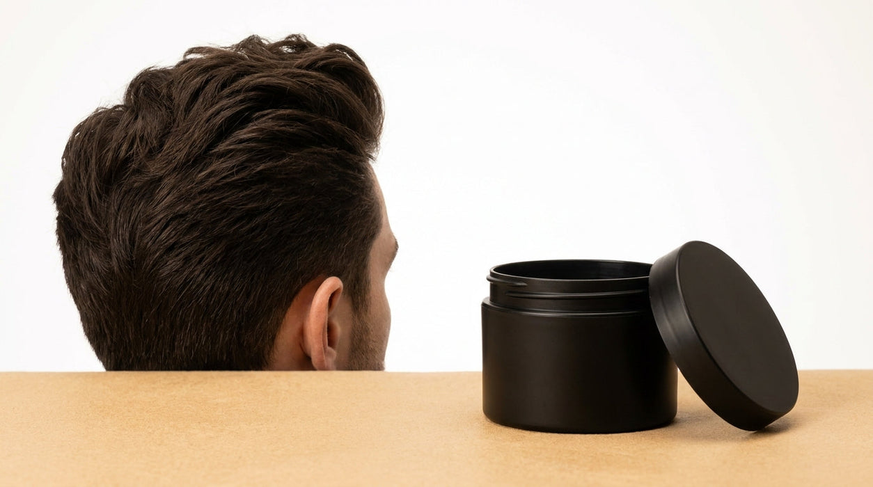 Man met volumineuze quiff naast een matte clay potje, gestyled met grip en textuur