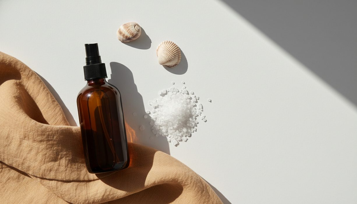 Donkere glazen flacon sea salt spray naast schelpen en grof zout op wit oppervlak, warm zand linnen accent