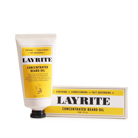 Layrite Concentrated Beard Oil - tube naast doosje, vooraanzicht met etiket