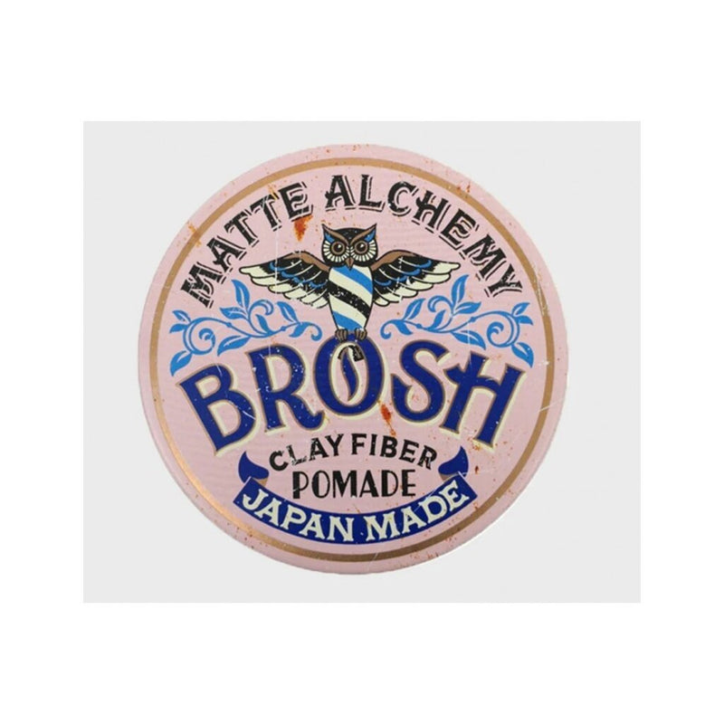 BROSH Clay Fiber Pomade - bovenaanzicht roze deksel met uil-logo op witte achtergrond
