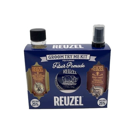 Reuzel Groom Try Me Kit Fiber - vooraanzicht verpakkingsdoos met shampoo, pomade en tonic