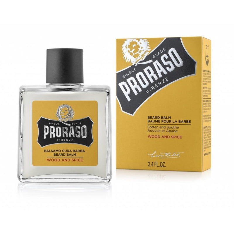 Proraso Beard Balm Wood & Spice - glazen flacon naast gele verpakkingsdoos