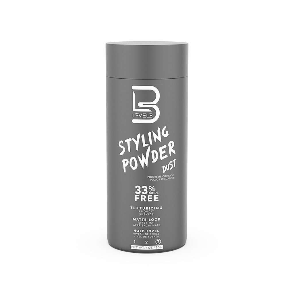 Level3 Styling Powder, grå puderflaska framifrån med etikett, vit studio
