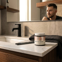 Shear Revival Loyal Sea Clay Styling Balm - potje op wastafel met man in spiegel