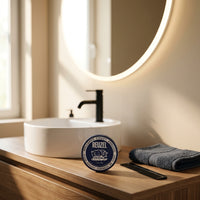 Reuzel Fiber Pomade - blik op houten wastafelmeubel bij ronde spiegel