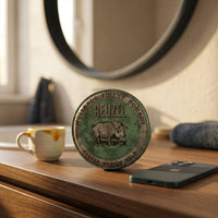 Reuzel Green Grease Medium Hold Pomade - blik op wastafelblad bij ronde spiegel
