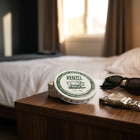 Reuzel Clay Matte Pomade - gesloten blik op nachtkastje naast zonnebril en horloge