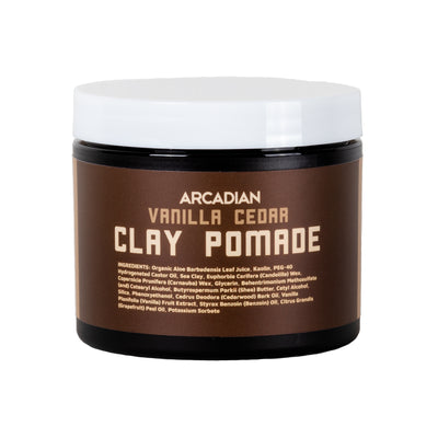 Arcadian Vanilla Cedar Clay Pomade - vooraanzicht pot met wit deksel en bruin etiket