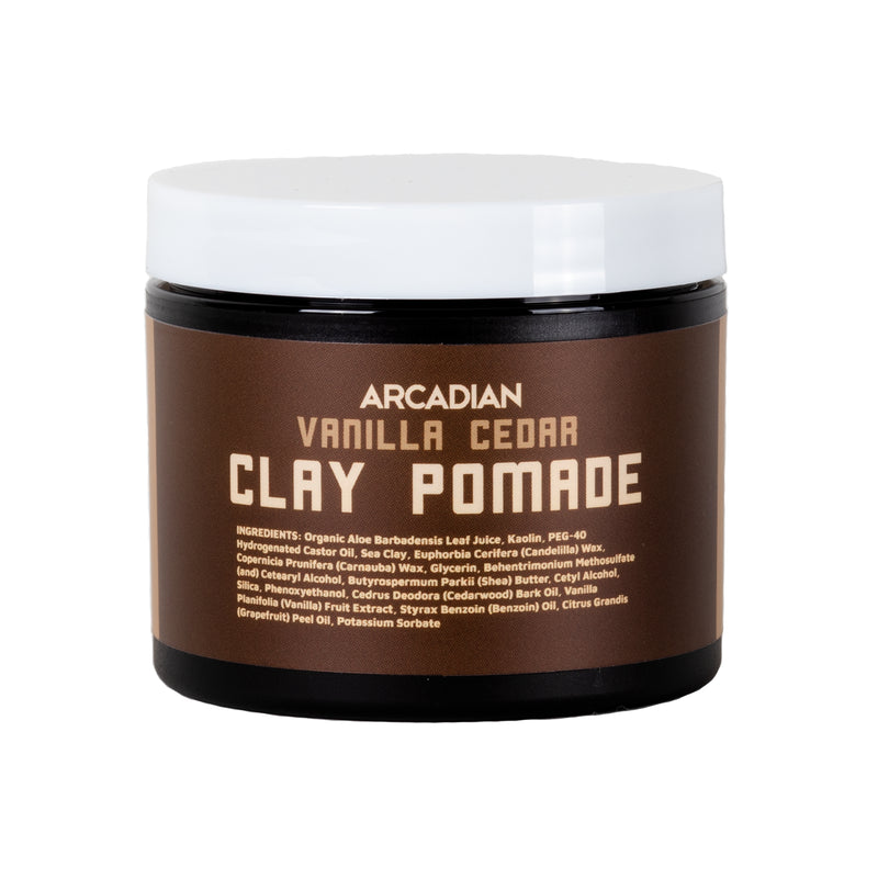 Arcadian Vanilla Cedar Clay Pomade - vooraanzicht pot met wit deksel en bruin etiket