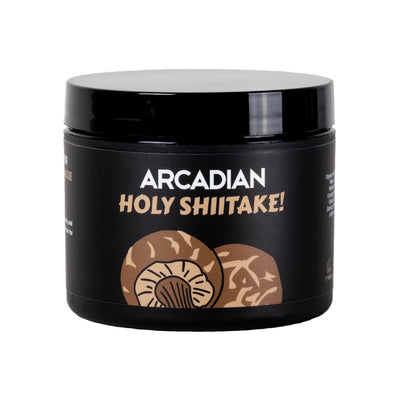 Arcadian Holy Shiitake! Texture Cream - vooraanzicht zwarte pot met shiitake-illustratie
