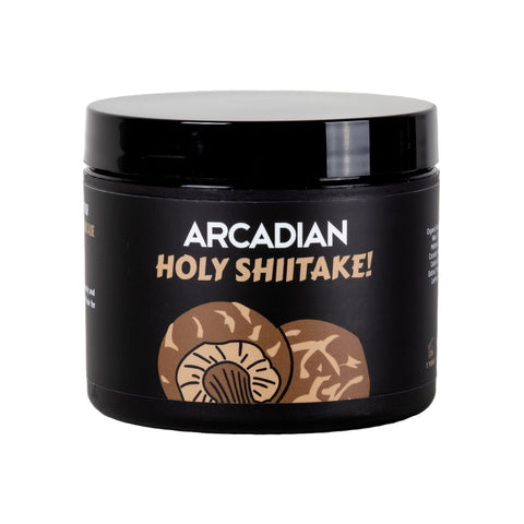 Arcadian Holy Shiitake! Texture Cream - vooraanzicht zwarte pot met shiitake-illustratie
