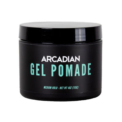 Arcadian Gel Pomade - vooraanzicht zwarte pot met groene letters