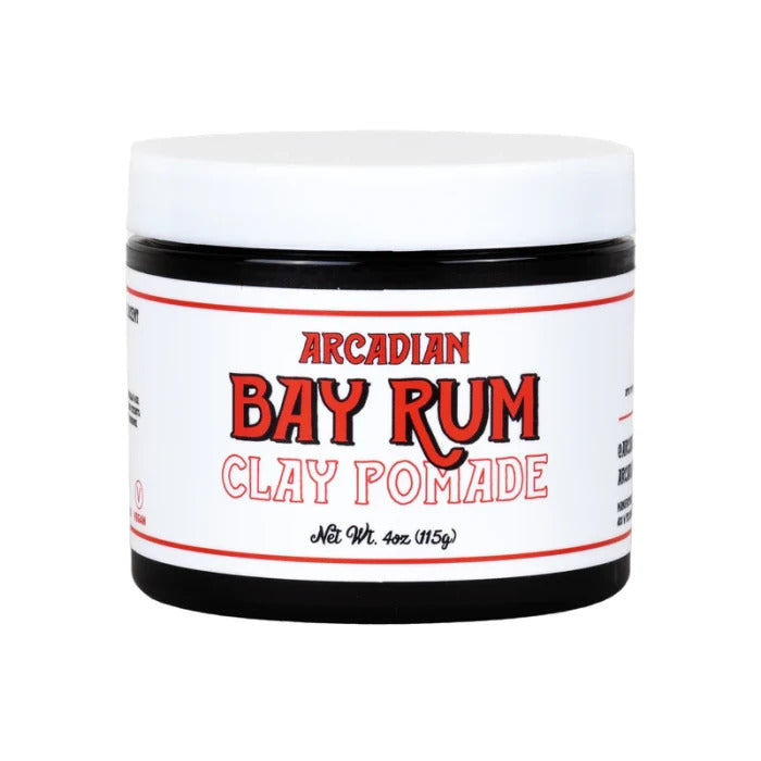 Arcadian Bay Rum Clay Pomade - vooraanzicht witte pot met rood etiket