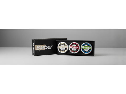 Barberproducten Samplebox - zwarte doos met drie potjes in verpakking