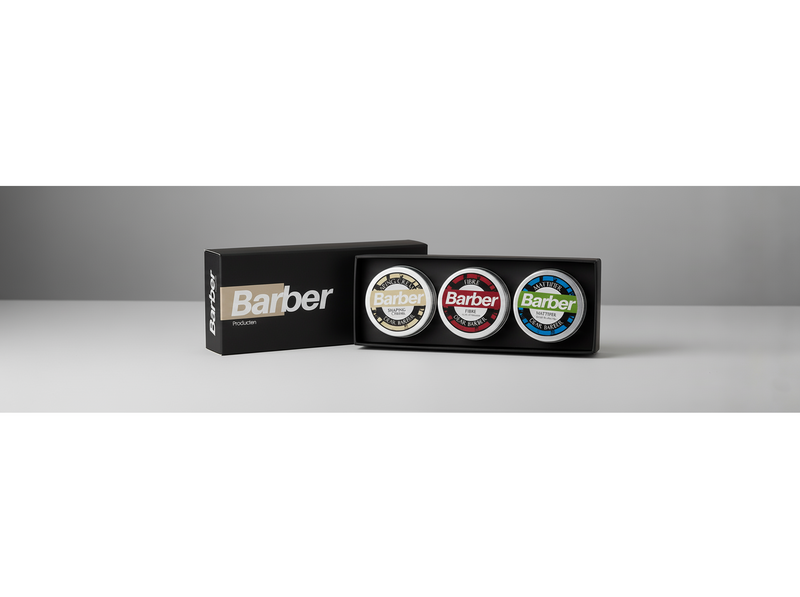 Barberproducten Samplebox - zwarte doos met drie potjes in verpakking