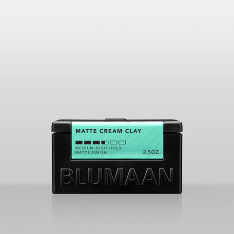 Blumaan Matte Cream Clay - vooraanzicht zwarte pot met turquoise etiket, medium-high hold
