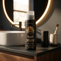 Barberstation Hair & Beard Shampoo - fles op wastafelblad voor spiegel