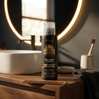 Barberstation Hair & Beard Shampoo - fles op houten tafel met kam en handdoek