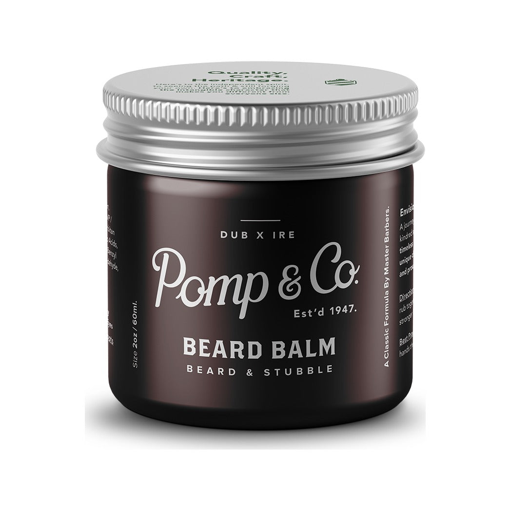 Pomp & Co. Beard Balm, stängd brun burk med silverlock