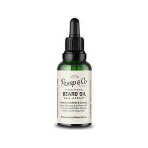 Pomp & Co. Beard Oil, framifrån av grön glasflaska med pipett och etikett