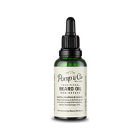 Pomp & Co. Beard Oil - vooraanzicht groen glazen flesje met pipet en etiket