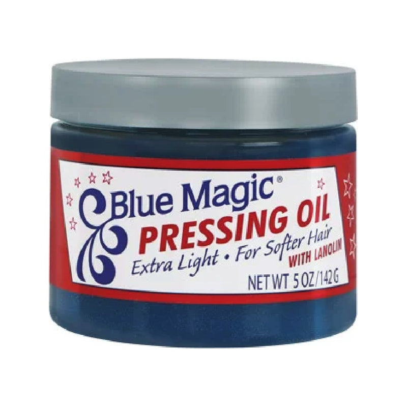 Blue Magic Pressing Oil Extra Light - mörkblå burk med röd-vit etikett