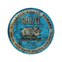 Reuzel Blue Pomade - bovenkant blauw blik 340g met varken-logo