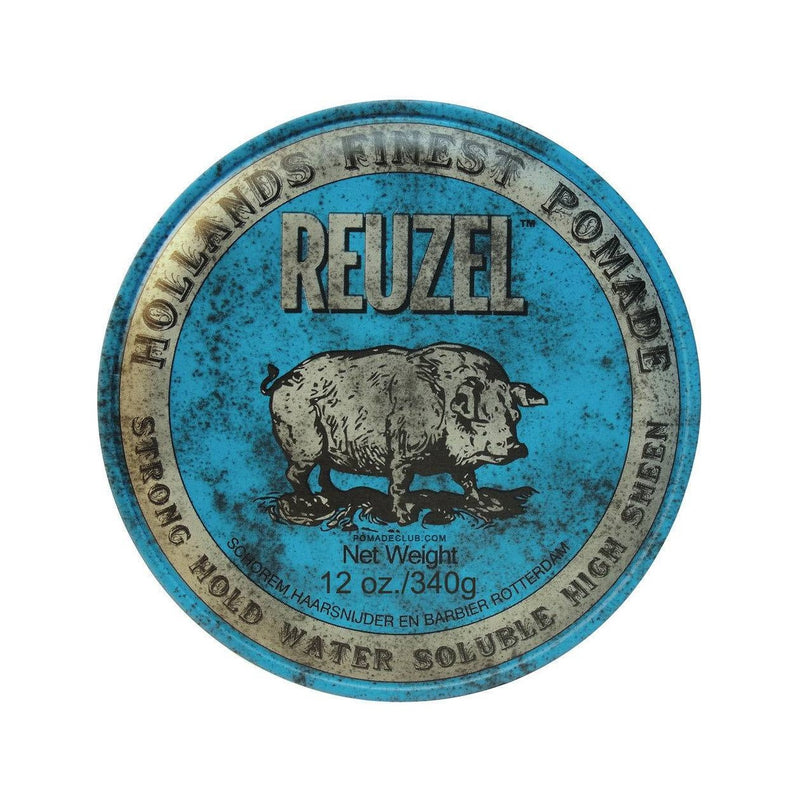 Reuzel Blue Pomade - bovenkant blauw blik 340g met varken-logo