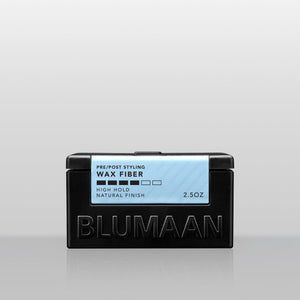 Blumaan Wax Fiber, svart burk framifrån med ljusblå etikett, hög håll