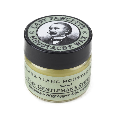 Captain Fawcett's Moustache Wax Ylang Ylang - gesloten potje met groen etiket en snorman-logo