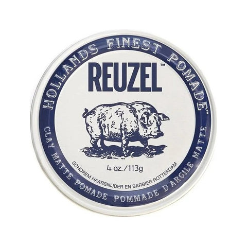 Reuzel Clay Matte Pomade - bovenaanzicht wit blik met blauwe rand van 113 gram