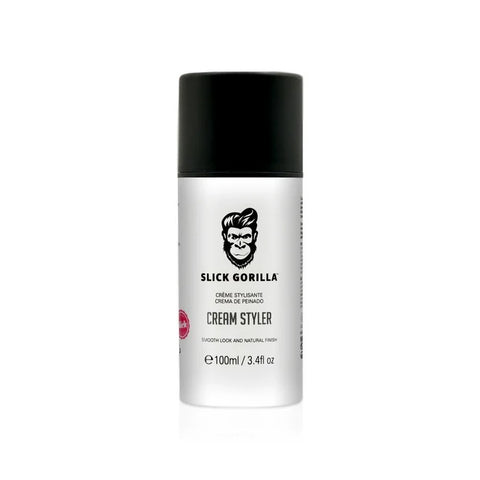 Slick Gorilla Cream Styler - witte fles met zwarte dop, vooraanzicht met apenlogo