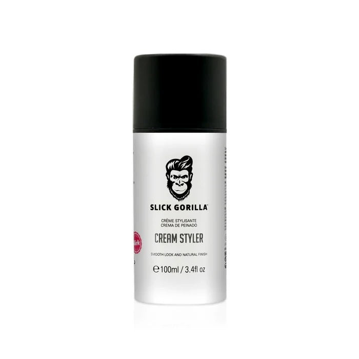 Slick Gorilla Cream Styler - witte fles met zwarte dop, vooraanzicht met apenlogo