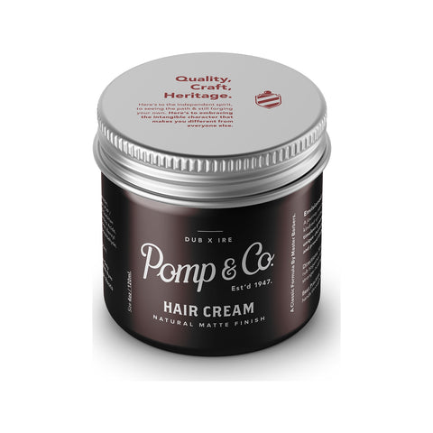 Pomp & Co. Hair Cream - bruine pot met deksel bovenop en tekst Quality Craft Heritage