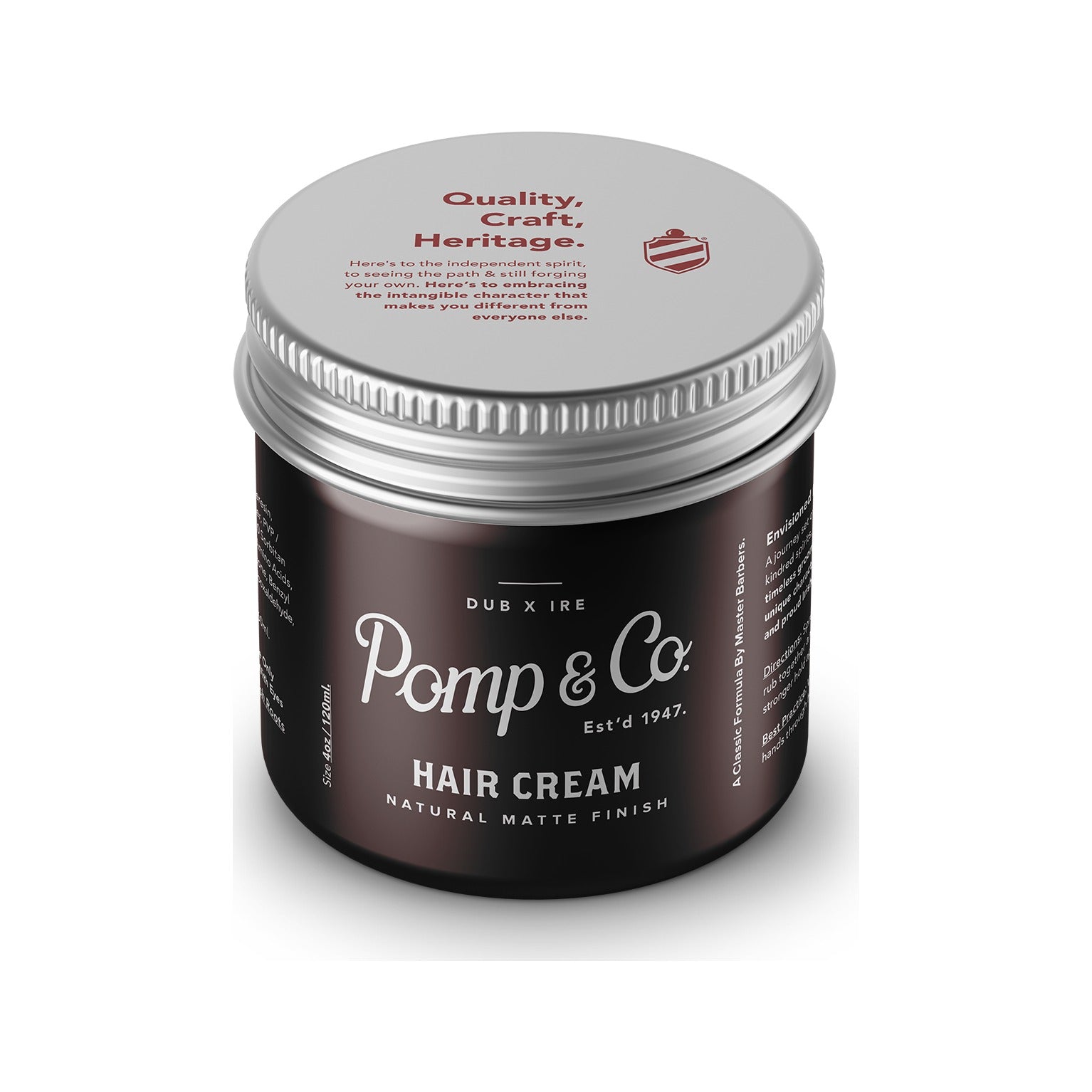 Pomp & Co. Hair Cream, brun burk med lock ovanpå och texten Quality Craft Heritage